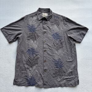 Tasso Elba Island Button Up Shirt Mens Large Grey Silk Embroidered Tropical Palm